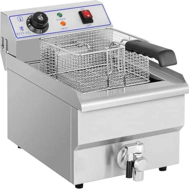 Royal Catering Fritteuse 10 L Edelstahl Kaltzone mit Ablasshahn Gastronomie, 3200 W - Profi Elektro-Fritteuse mit 10 l Kapazität, 3200 W, Edelstahl – Bild 6