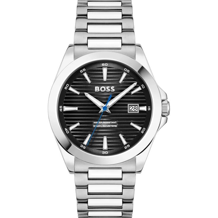 BOSS Quarzuhr STRIKE, Armbanduhr, Edelstahlarmband, analog, Tag, schwarz-silberfarben