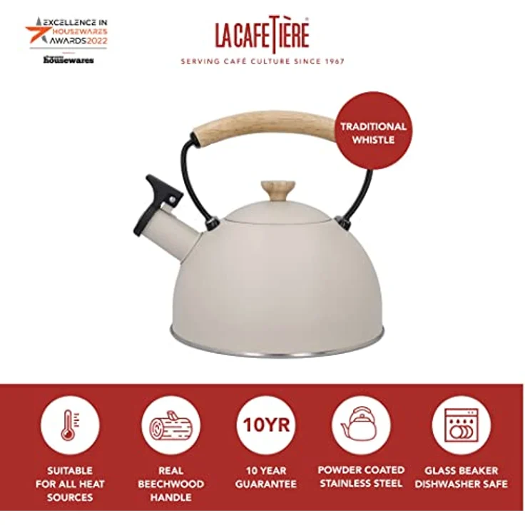 La Cafetière LCWHKETLAT Latte Flötenkessel mit Holzgriff, 2,5 l, Edelstahl, cremefarben – Bild 2