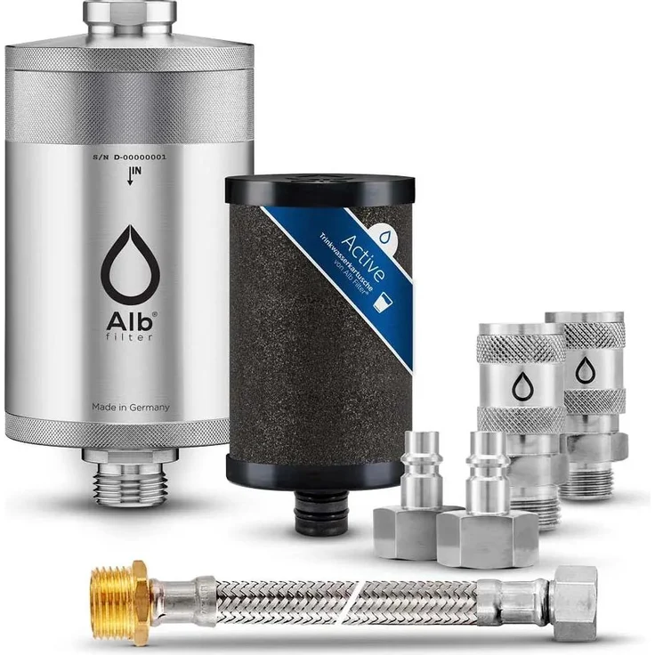 Alb Trinkwasserfilter Active, Wasserfilter mit Edelstahlgehäuse und Aktivkohlepatrone zur Schadstoffreduktion