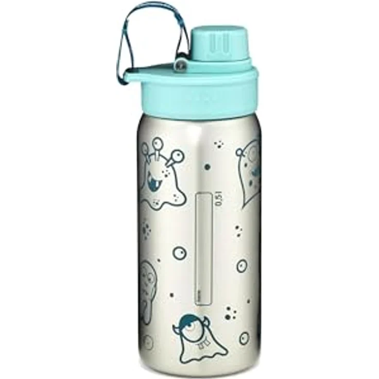 ergobag Trinkflasche aus Edelstahl, auslaufsichere 0,5 l Flasche mit Namensschild, Petrol – Bild 2