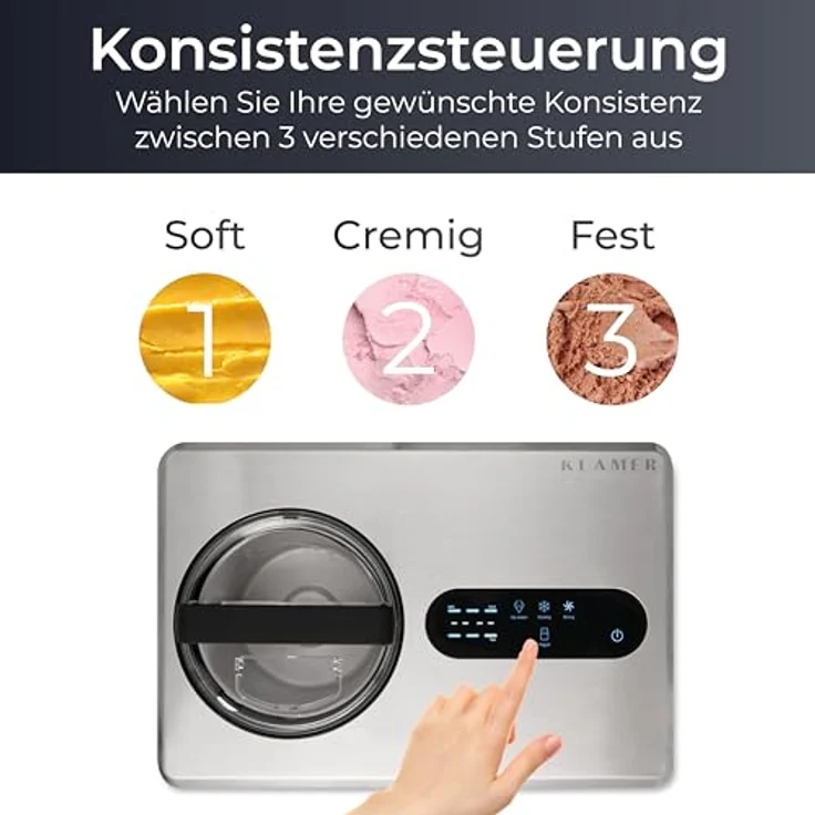 KLAMER 2-in-1 Eismaschine & Joghurtbereiter 2 L, 220 W, Edelstahl, selbstkühlender Kompressor, inkl. Konsistenzsteuerung – Bild 3