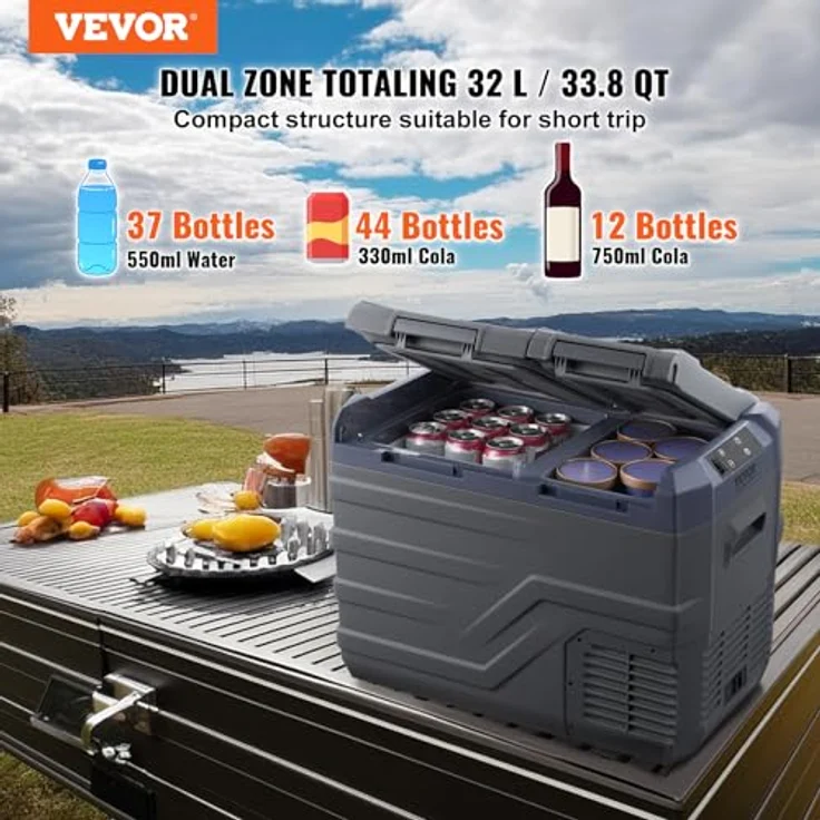 VEVOR Autokühlschrank, tragbarer 32 L Gefrierschrank mit zwei Zonen, einstellbarer Bereich von -20~20 ℃, 12/24 V DC / 100-240 V AC-Kompressorkühler, für Outdoor, Camping – Bild 2
