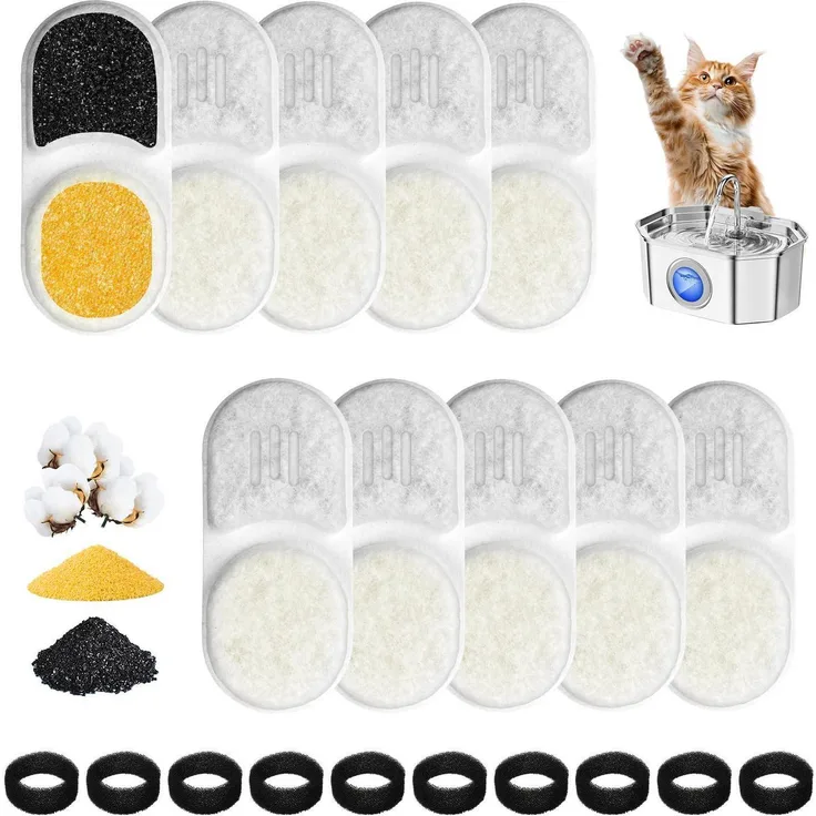 APAUW Katzenbrunnen Filter, 10 Stück Ersatzfilter mit Aktivkohle und Schwämmen, kompatibel mit APFSS-3201 3,2L