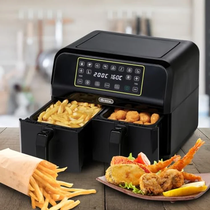Ariete 4623 Airy Fryer Dual, Luftfritteuse mit Doppelkorb, 1700 W, 8 l Fassungsvermögen, digitales LED-Touch-Panel, 8 Programme, Timer, 2 Körbe, schwarz – Bild 5