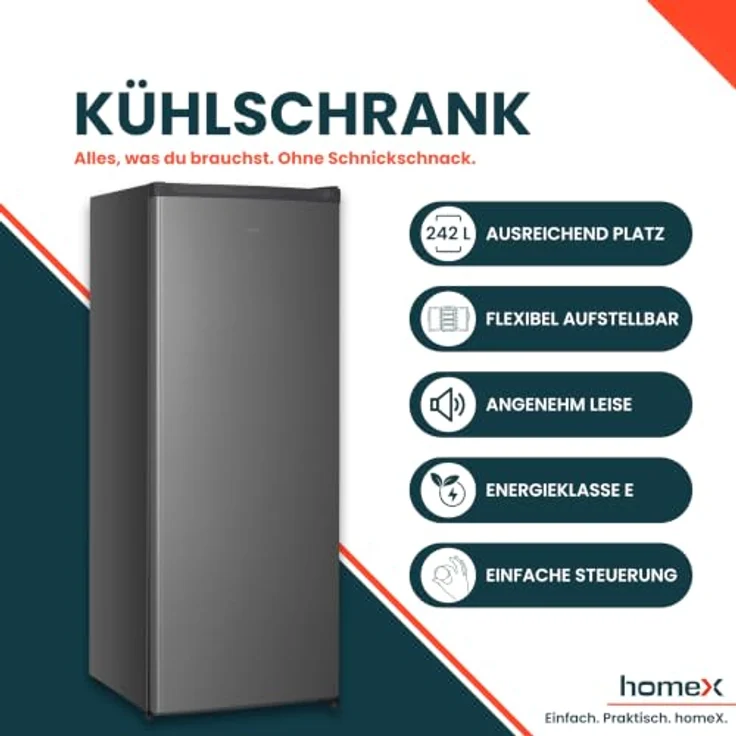 homeX CS2422E-S Kühlschrank ohne Gefrierfach, 242 Liter, freistehend, silber, 143 cm hoch, leise 37 dB, mechanische Temperaturregelung, 5 verstellbare Ablagen – Bild 2
