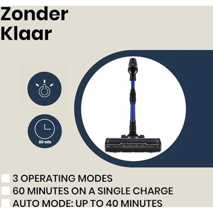 Zeegma Klaar Kabelloser Vertikalstaubsauger 400W, 25000Pa Saugleistung, 60 Min Laufzeit, Beutellos, Turbo 2in1 Bürste mit LED-Licht, 5-stufiger waschbarer HEPA Filter, Touchpanel Display, Schwarz-blau – Bild 3