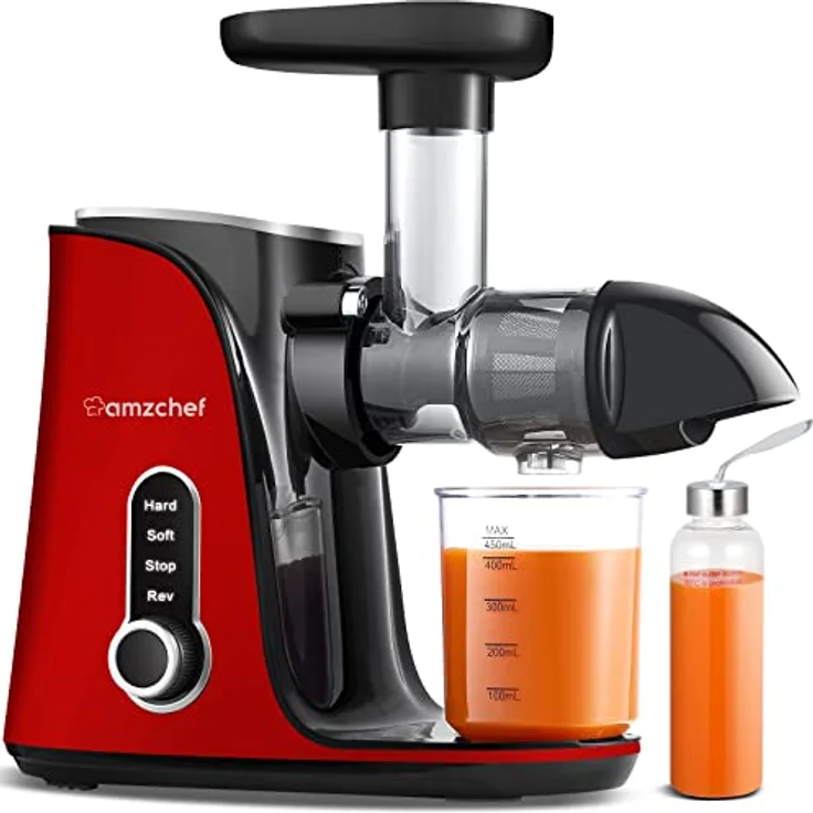 AMZCHEF Entsafter Gemüse und Obst mit 2 Geschwindigkeitsmodi - Entsafter Slow Juicer mit Tragbare Flasche und 2 Tassen - BPA freie Cold Press Juicer mit Intelligente LED und Umkehrfunktion - Rot – Bild 1