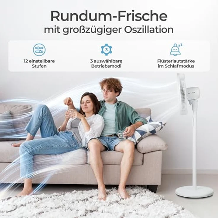 KLAMER Standventilator leise mit Fernbedienung, 12 Geschwindigkeiten, 3 Modi, 85° Oszillation, 8h Timer – Bild 2