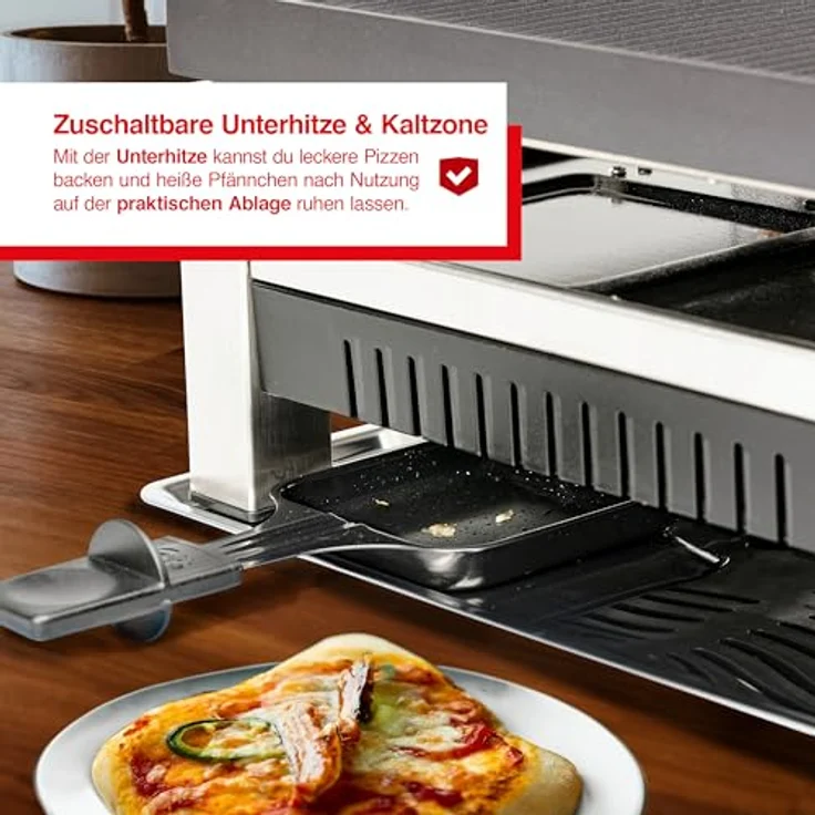 Solis Raclette Tischgrill 4-in-1, 1200W mit Grillplatte & Crêpe-Funktion, Antihaft, 8 Pfännchen, für Mini-Pizza & Raclette Genuss, Schwarz – Bild 5