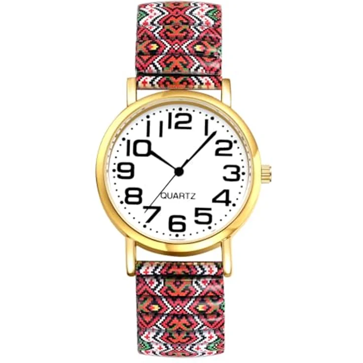 JewelryWe Boho Elastische Armbanduhr, Analog Quarz Uhr mit großen Zahlen, Edelstahl Stretcharmband im bunten Ethno-Stil, 1ATM Wasserschutz – Bild 1