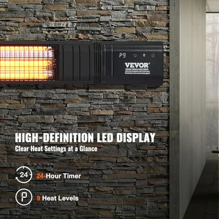 VEVOR Heizstrahler 3000 W, Carbon-Infrarot mit Fernbedienung, IP65-wetterfest, 9 Temperatureinstellungen und Timer für Veranda, Terrasse, Studio, Wandmontage – Bild 5