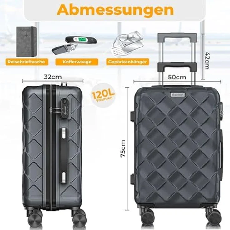 KESSER® Reisekoffer 120L ABS Hartschalenkoffer mit Zahlenschloss, Kofferwaage, 360° Rollen und Teleskopstange, Charcoal – Bild 2