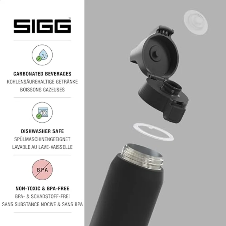 SIGG Shield Therm One, Isolierte Trinkflasche für kohlensäurehaltige Getränke, Auslaufsicher, Spülmaschinenfest, BPA-frei, 90% recycelter Edelstahl, Schwarz, 1L – Bild 3