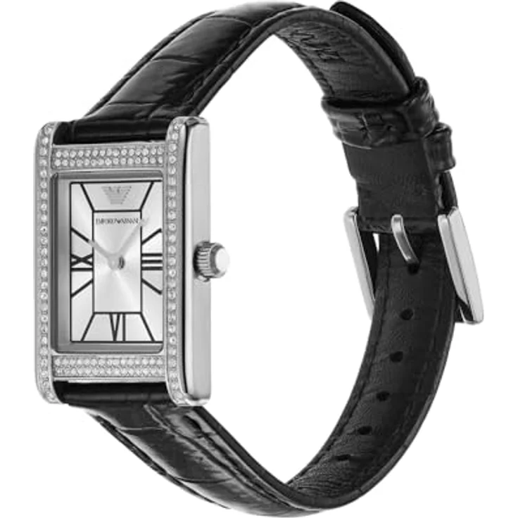 Emporio Armani Damen Analog Quarz Uhr mit Leder Armband AR11623, silbernes Zifferblatt, schwarz – Bild 2