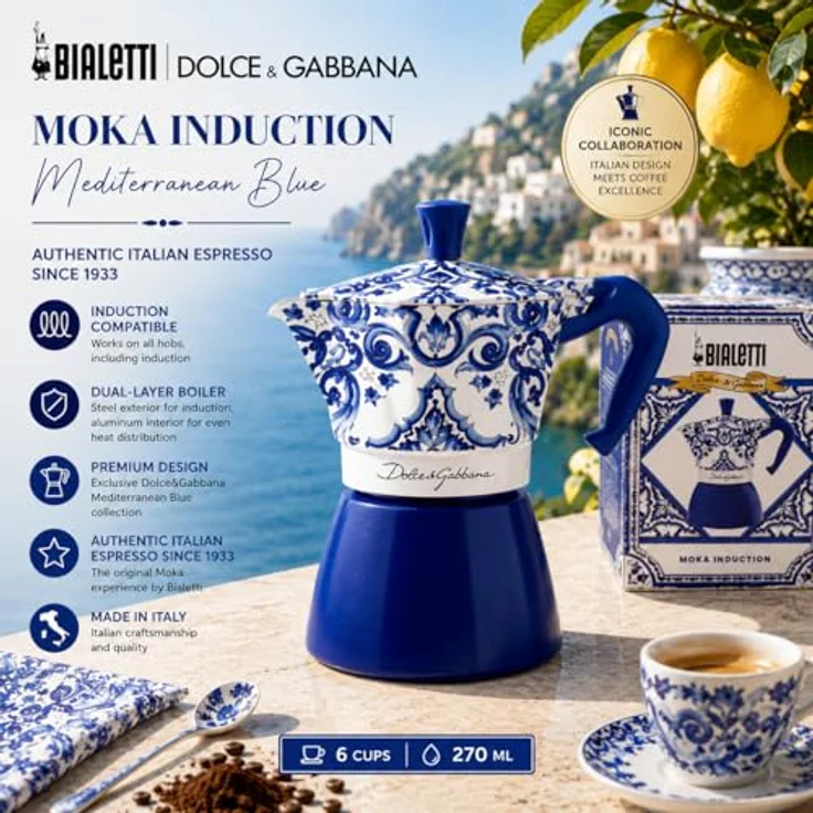 BIALETTI Espressokocher Bialetti D&G, Aluminium, 6 Tassen, geeignet für Elektro-, Gas-, Glaskeramik- und Induktionsküchen, blau – Bild 3