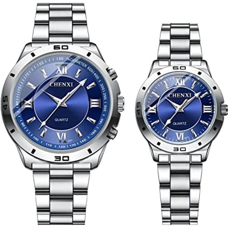 JewelryWe Paar Uhren Analog Quarz, 30M wasserdicht, Edelstahl Armband, Leuchtzeiger, blau – Bild 1