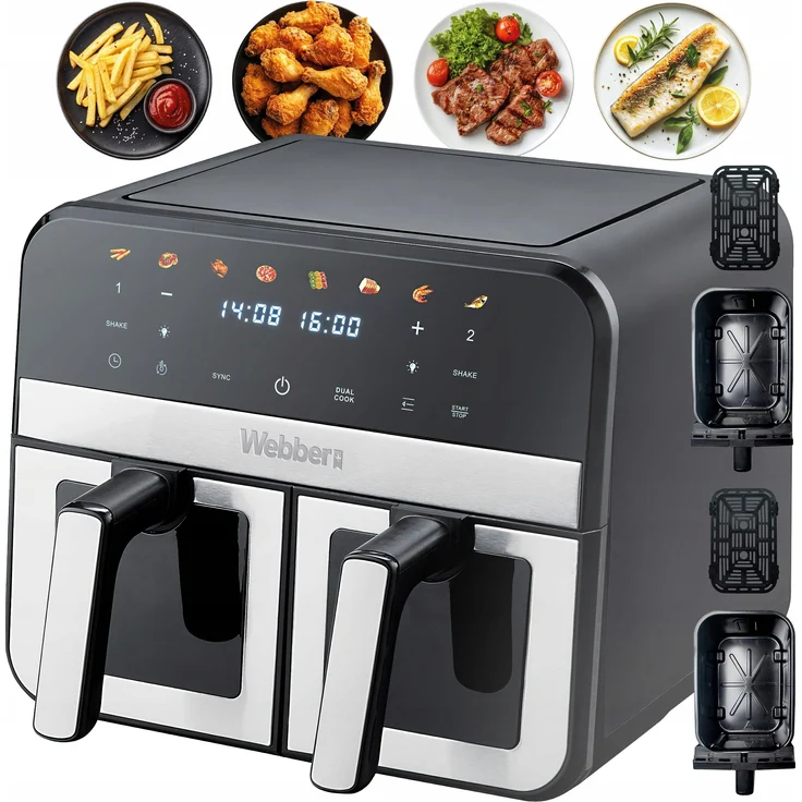 WEBBER AF900, Heißluftfritteuse mit 9 l Volumen, Temperaturbereich 80 °C - 200 °C, Doppelkammer, schwarz/silber