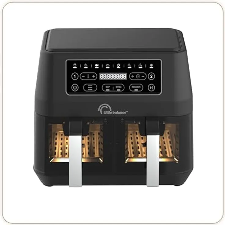 LITTLE BALANCE 8765 Crousty Light Duo, Fritteuse ohne Öl, Air Fryer, 2 Schubladen, Antihaft, PFAS-frei, 8 voreingestellte Programme, 7,6 Liter für bis zu 6 Personen, 2460 W, Schwarz