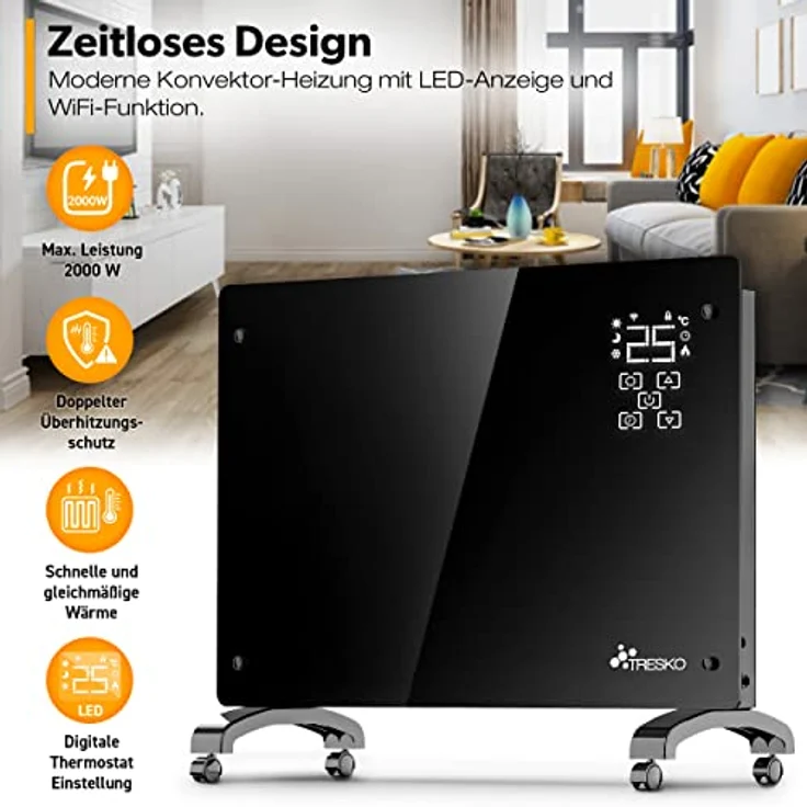 TRESKO Elektroheizung Schwarz 2000W inkl. WiFi & APP Glaskonvektor Konvektor Wand Heizung Glas Heizkörper Bad, Konvektor – Bild 2