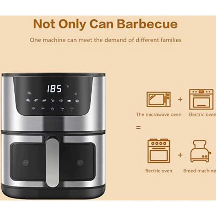Retoo Heißluftfritteuse 5.5L 1500W 7 Programmen Friteuse Heissluft, max 200°C, Air Fryer bis zu 90% weniger Fett, Touchpad, Fritteuse ohne Öl, Diät und Digital, Edelstahl-Finish Schwarz – Bild 4