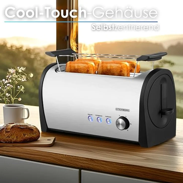 Steinborg XXL Langschlitztoaster 4 Scheiben, Edelstahl mit Brötchenaufsatz, blauer LED-Beleuchtung und automatischer Abschaltung – Bild 5