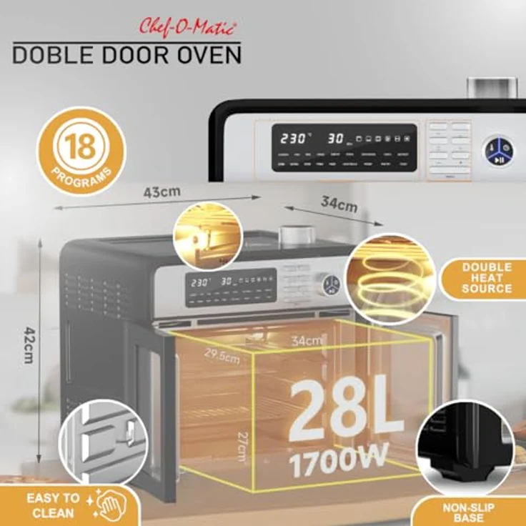 BEST DIRECT CHEF -O- MATIC Double Door Oven, 28 l, Doppeltürbackofen, 18 Programme, 1700 W, Innengrill, Toastofen, Drehspieß, Dörrgerät, LCD-Display, Silber – Bild 3