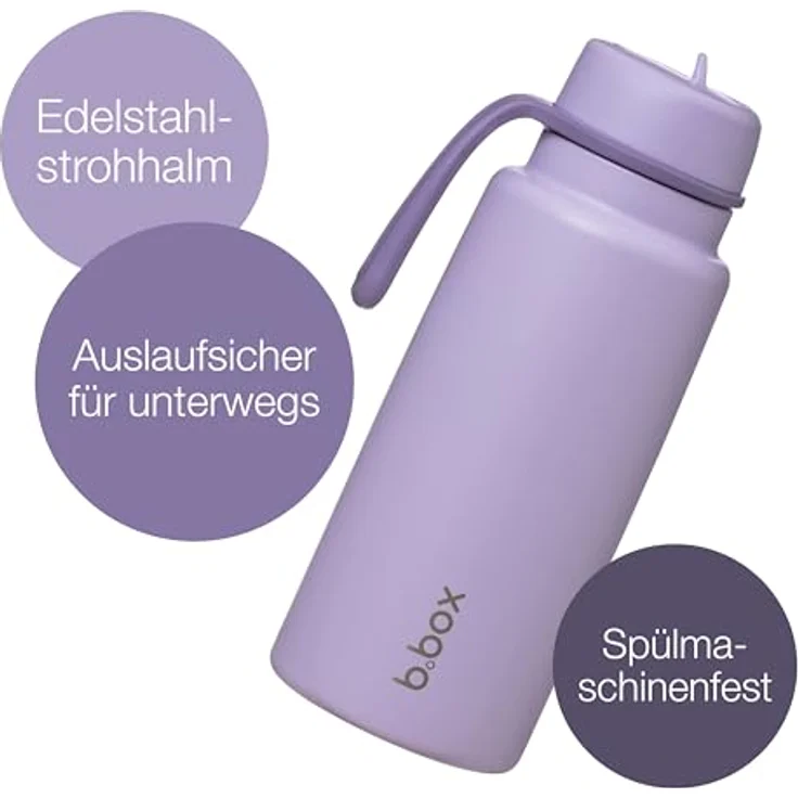 b.box Isolierte Flip-Top Wasser und Trinkflasche 1 L, Edelstahl, dreiwändig, hält Getränke bis zu 46 Stunden kalt, mit herausnehmbarem Strohhalm – Bild 3