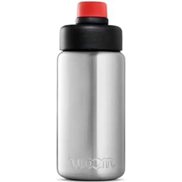 woom GLUG Edelstahlflasche, Trinkflasche für Kinder, Fahrradflasche, 500 ml, Auslaufsicher, Logo, Flaschenhalter Fahrräder, Silbern – Bild 1