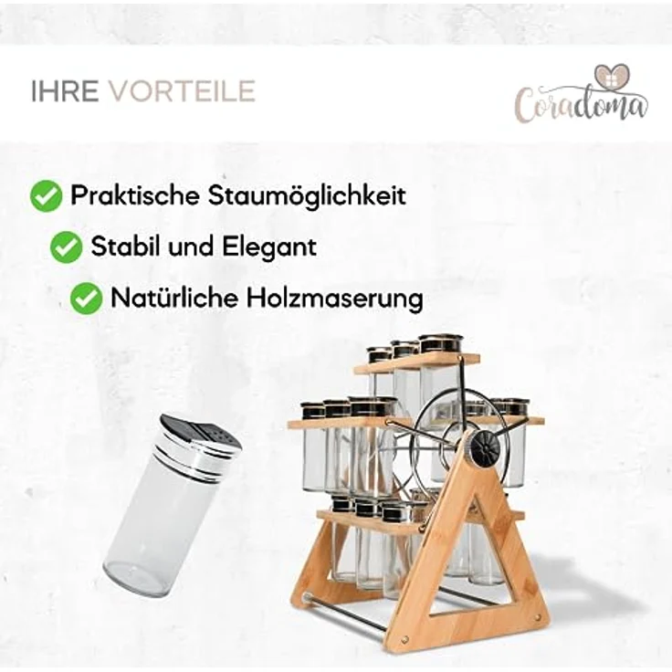 Coradoma Gewürzregal aus Holz - Drehbarres Gewürzkarussell mit 15 Gewürzdosen | Gewürzgläser Spice Rack | Gewürzständer und Küchenregal - Küchen Organizer zur Gewürzaufbewahrung – Bild 4