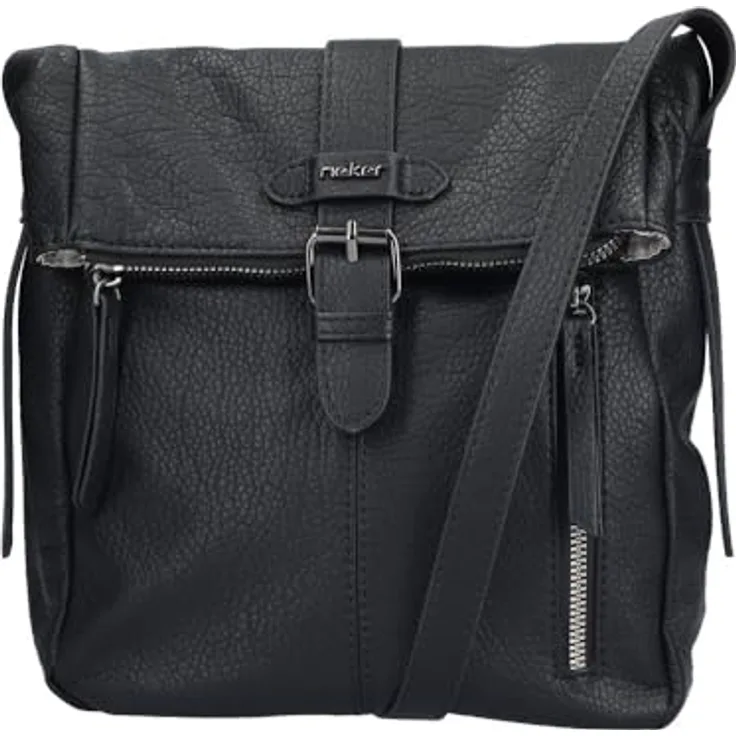 Rieker Umhängetasche, Damen-Handtasche aus Lederimitat, schwarz, mit Überschlag und Schnallenverschluss, verstellbarem Schulterriemen, 1 Hauptfach und 1 Vordertasche