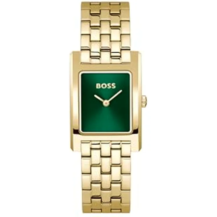 BOSS Lucy, Zwei-Zeiger-Quarzwerk-Uhr für Damen mit quadratischem Gehäuse und grünem Sonnenstrahlzifferblatt, goldfarbenes Edelstahlarmband - 1502785