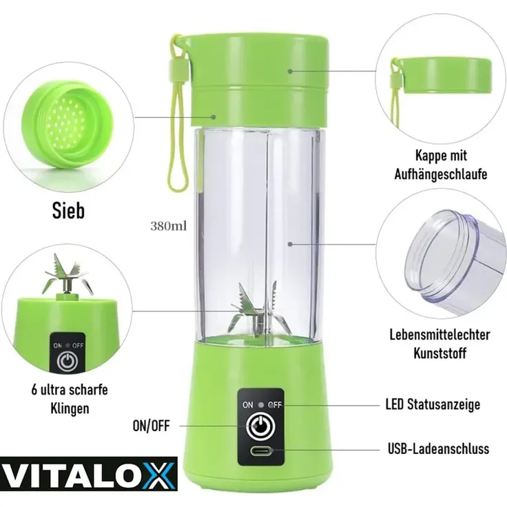 VITALOX Elektrischer Smoothie Maker Standmixer Mini Mixer Blender Shaker m. Akku - Grün 380ml, 6 superscharfe 3D-Klingen, 2000mah 3.7V – Bild 2