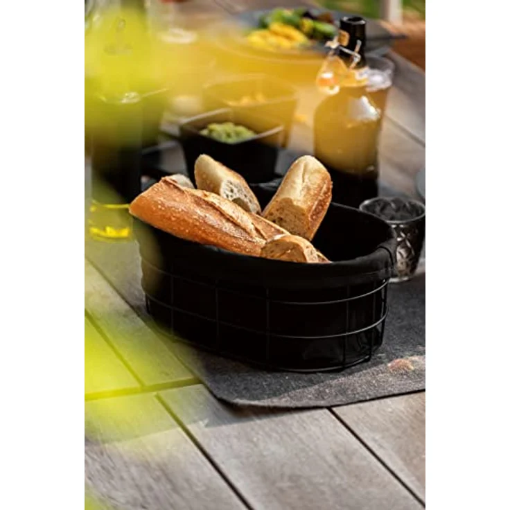 WENKO Brotkorb Bela, Black Outdoor Kitchen Korb für Brot, Brötchen und Baguette aus pulverbeschichtetem Metall mit herausnehmbarer, waschbarer Einlage aus 100 % Baumwolle, 27 x 17 x 11,5 cm, Schwarz – Bild 4