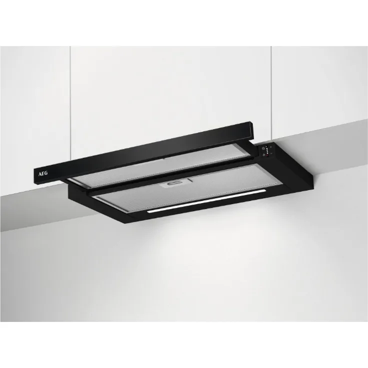 AEG DPE5660B Dunstabzugshaube, 60 cm Flachschirm, schwarze Gehäuse, hocheffiziente Fettfilter, LED-Beleuchtung, Energieeffizienzklasse A