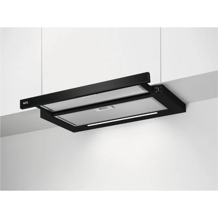 AEG DPE5660B Dunstabzugshaube, 60 cm Flachschirm, schwarze Gehäuse, hocheffiziente Fettfilter, LED-Beleuchtung, Energieeffizienzklasse A