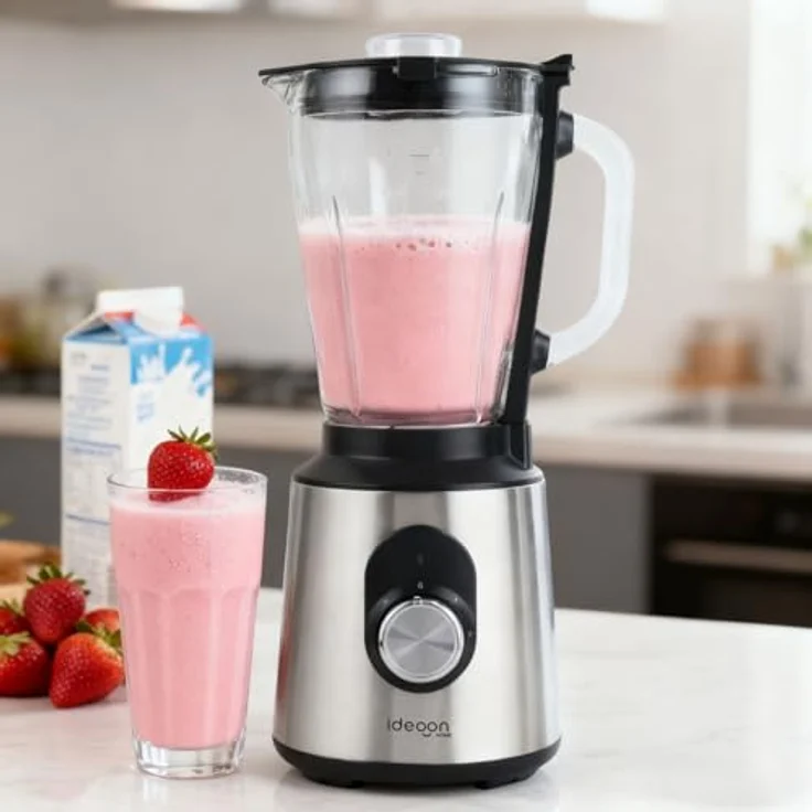 shop'n smile ideoon Standmixer Edelstahl 1000W mit 1,5L Glasbehälter, 2 Geschwindigkeitsstufen + Pulse, rutschfest, spülmaschinenfest, Silber/Schwarz – Bild 7
