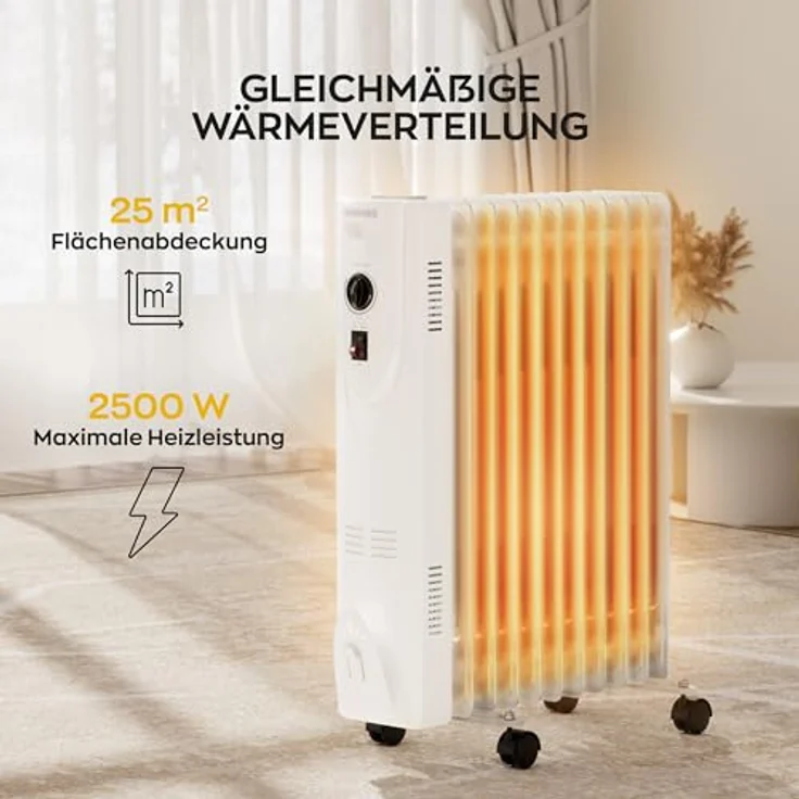 Heinrich´s Ölradiator 2500W, 11 Rippen, Elektrischer Heizkörper mit 3 Heizstufen, stufenlosem Thermostat, Überhitzungsschutz, Kippschutz und Handtuchhalter, leise für Büro & Zuhause – Bild 5