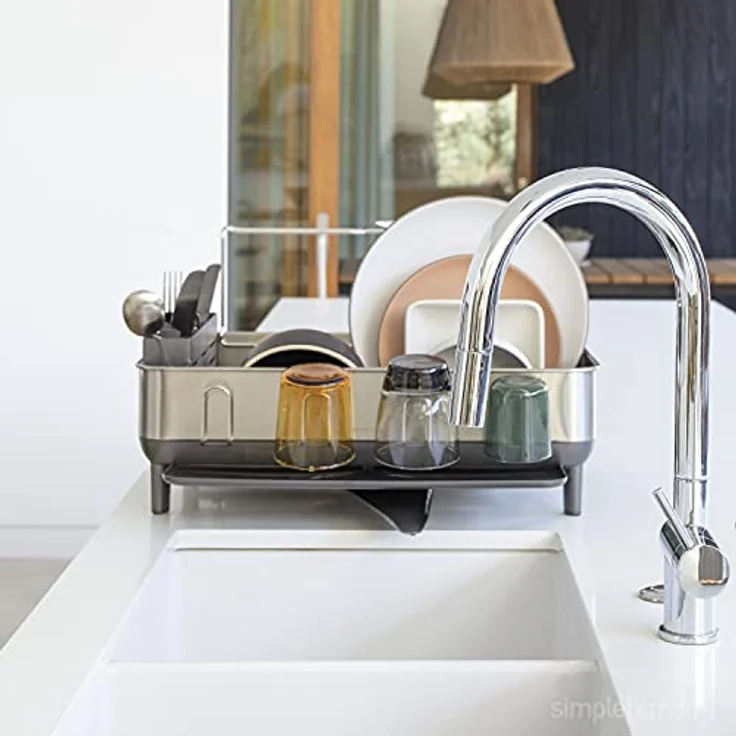 Simplehuman KT1181 Stahlrahmen Abtropfgestell Geschirr mit Abtropfschale, Geschirrständer mit Besteckhalter, Küche, Groß, grau, gebürsteter Edelstahl, 5 Jahre Garantie – Bild 3