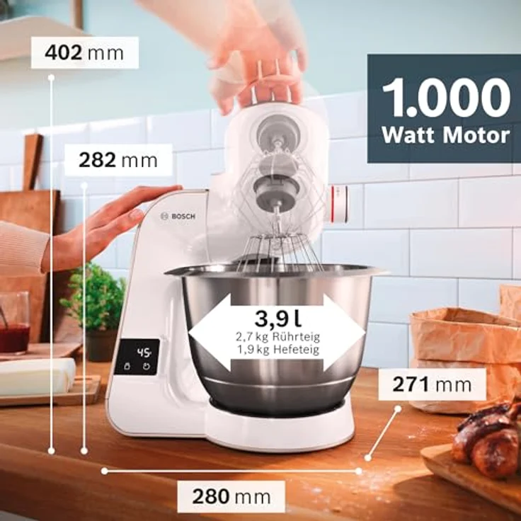 BOSCH Küchenmaschine Serie 4 MUM5XL74, 1000 W, integrierte Waage, 9,4 l Edelstahlschüssel, Mixer, Weiß, mit Fleischwolf und Würfelschneider – Bild 2