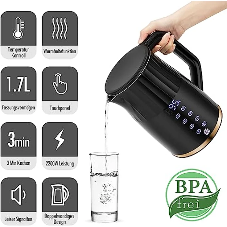 ForMe Edelstahl Wasserkocher 1,7 Temperatureinstellung Temperaturwahl 40-100°C Smart LED Digital Temperaturanzeige BPA FREI Temperatur Einstellbar Kessel I Teekanne Teekessel mit Warmhaltefunktion – Bild 4