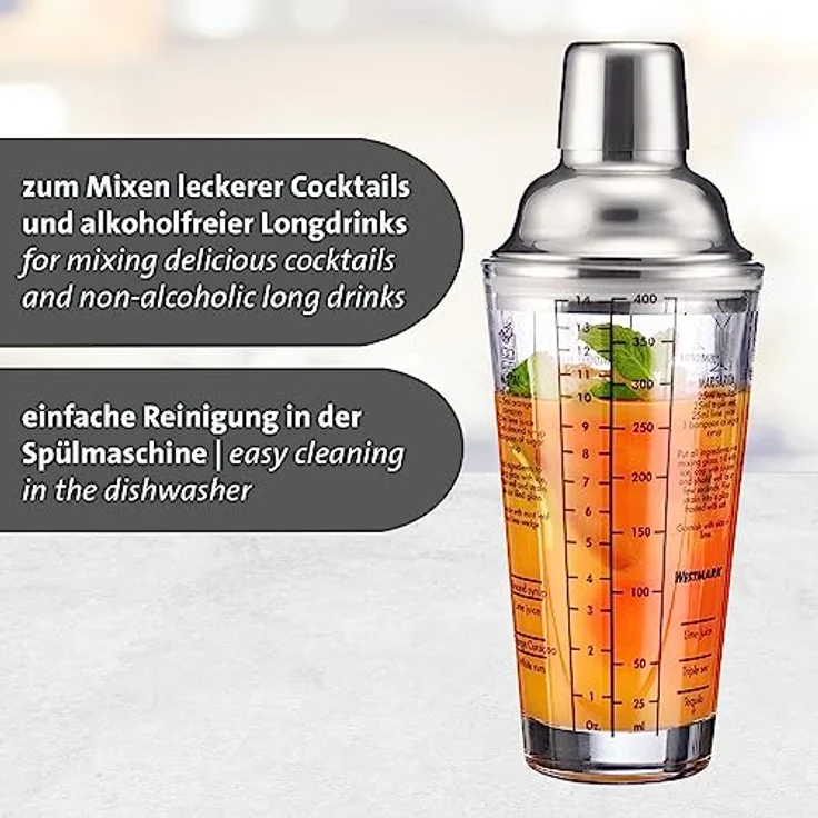 Westmark Cocktail Shaker Sam – Shaker mit Skala und Sieb, professioneller Cocktail-Mixer, Bar Zubehör, inkl. Rezepte zum Mixen von Margarita und mehr – Edelstahl, Glas, 400 ml – Bild 5