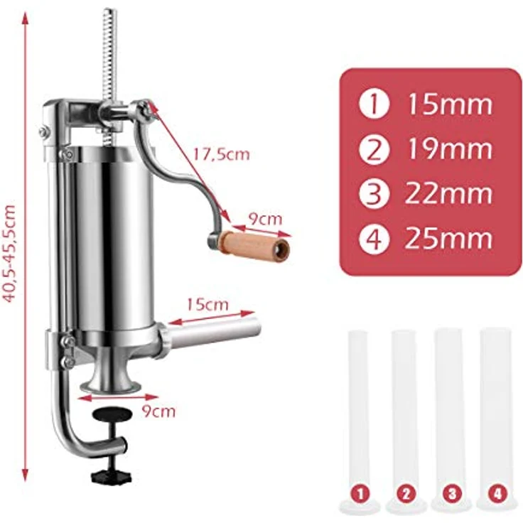 DREAMADE Wurstfüller, Manuell (5 KG) mit 4 Füllrohren aus hochwertigem Edelstahl – Bild 4