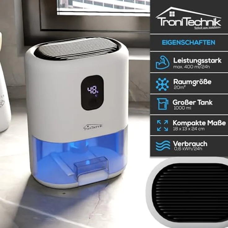 Tronitechnik® EF-02 Mini Luftentfeuchter, elektrisch bis 400 ml/24 h, 1 L Tank, LED-Farblicht, kompakt und leise für Räume bis 20 m² – Bild 2