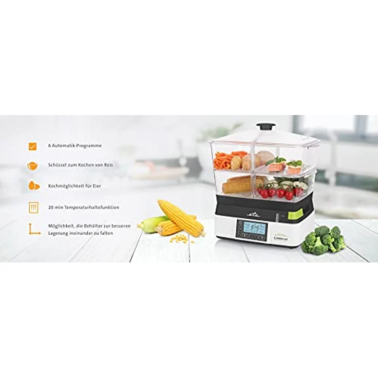 ETA Elektrische Dampfgarer Calderon 2 - 2 Transparente Behälter zum Kochen und 6 Automatische Programme für Gesunde Essenszubereitung, 11l – Bild 2