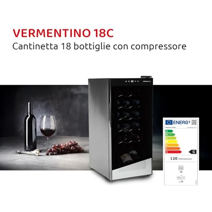 Melchioni Vermentino 18 C, Weinkühler mit Kompressor für 18 Flaschen, freistehend, schwarz, LED-Beleuchtung, Touch-Display, Temperatur 5-18°C, Geräuscharm 43 dB – Bild 6