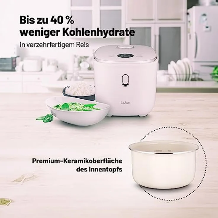 Lauben Low Sugar Reiskocher Rice Cooker 3000 mit Low-Sugar-Funktion, 3l Volumen, 6 modi, verzögerter Start, Warmhalten, Antihaft-Keramikoberfläche spülmaschinengeeignet, Kochbuch, Überlaufschutz (Weiß) – Bild 2
