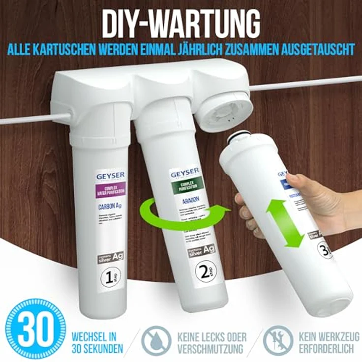 GEYSER GEYSER SMART Untertisch Wasserfiltersystem mit 3-Stufen Kartuschen, ARAGON + CATALON, Wasserfilter für Trinkwasser, Set mit Edelstahlwasserhahn, bis zu 12 Monate Nutzung – Bild 7