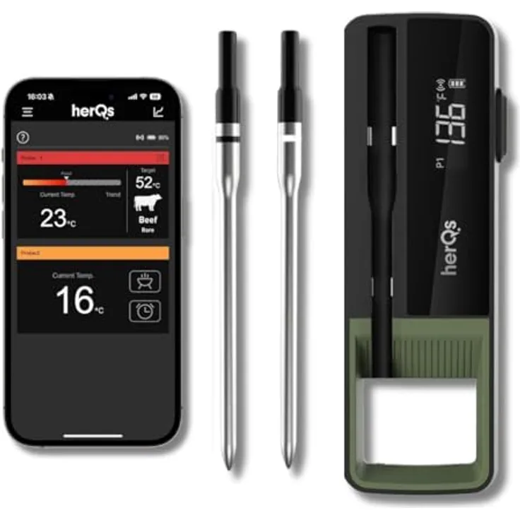HerQs Double Max Grillthermometer, Digitales Bluetooth Fleischthermometer, Mit App und Temperaturalarm bis zu 300°C, 170m Bluetooth Meater - Für Grill, Ofen, Pfanne, Heißluftfritteuse - 2 Sonden
