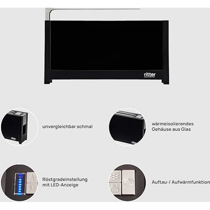 Ritter Toaster volcano 5, Langschlitztoaster mit eleganten Glasfronten, 950W, stufenlose Bräunung, schwarz - Preisvergleich – Bild 3
